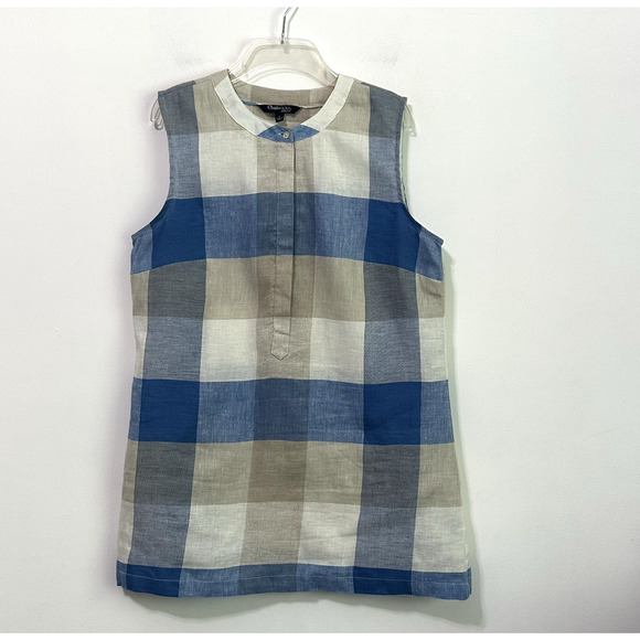 Chadwicks Of Boston Tunic Top L Linen Blend Sleeveless Half Button Plaid Summer - Picture 1 of 10